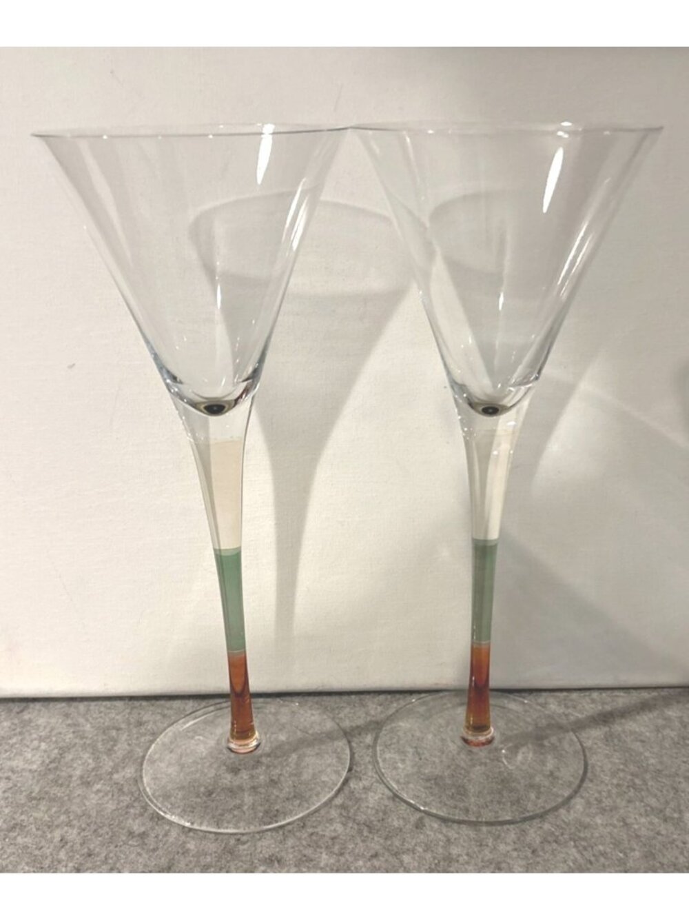 2 Amber And Green Stemmed Martini Glasses 9.75" Tall